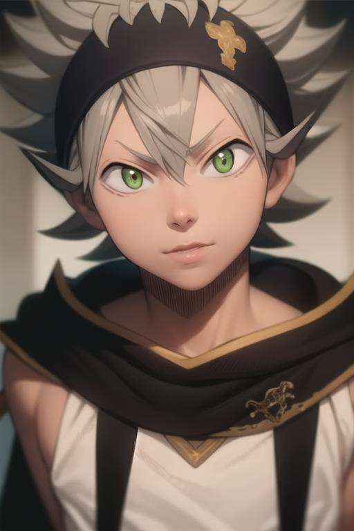 masterpiece, best quality, high quality, 1boy, solo, male focus, looking at viewer, upper body, <lora:asta:0.82>, asta, green eyes, headband, grey hair, spiked hair, realistic