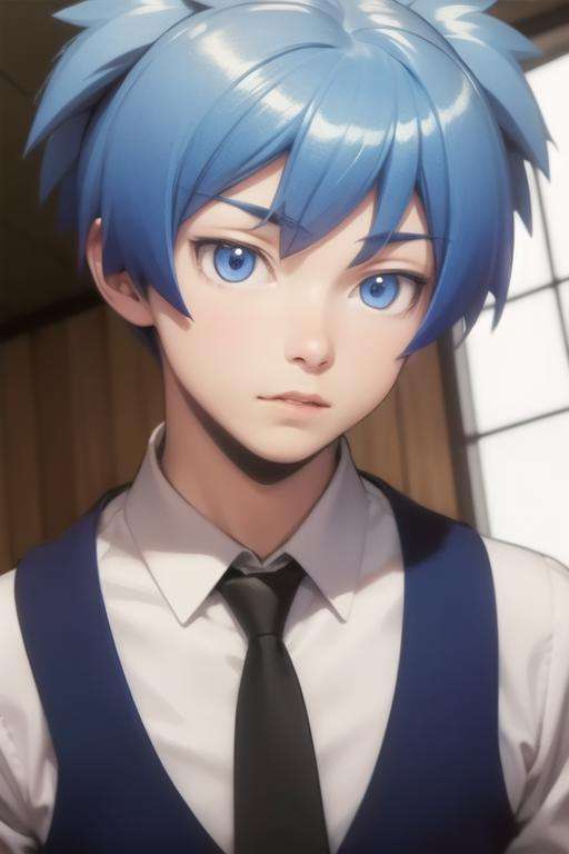 masterpiece, best quality, high quality, 1boy, solo, male focus, looking at viewer, upper body, <lora:shiota_nagisa:0.74>, shiota_nagisa, blue hair, blue eyes, short twintails, school uniform, shirt, necktie, vest