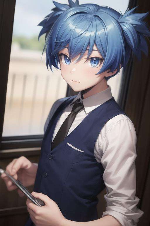 masterpiece, best quality, high quality, 1boy, solo, male focus, looking at viewer, upper body, <lora:shiota_nagisa:0.76>, shiota_nagisa, blue hair, blue eyes, short twintails, school uniform, shirt, necktie, vest