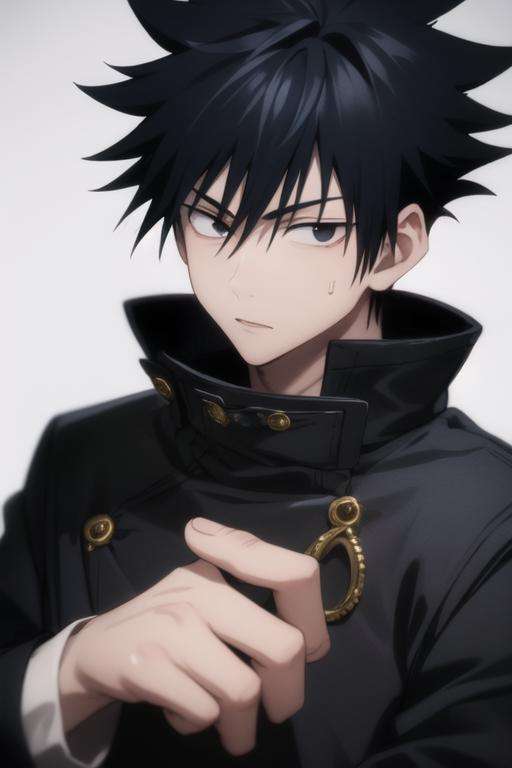 masterpiece, best quality, high quality, 1boy, solo, male focus, looking at viewer, upper body, <lora:fushiguro_megumi:0.78>, fushiguro_megumi, black hair, spiked hair, black eyes, jacket, high collar,