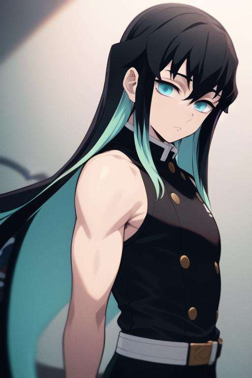 masterpiece, best quality, high quality, 1boy, solo, male focus, looking at viewer, upper body, <lora:tokitou_muichirou:0.78>, tokitou_muichirou, long hair, bangs, black hair, aqua eyes, demon slayer uniform, multicolored hair, two-tone hair,