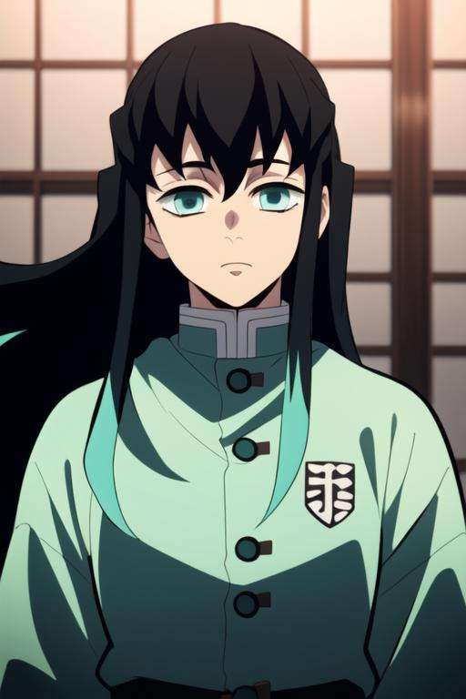 masterpiece, best quality, high quality, 1boy, solo, male focus, looking at viewer, upper body, <lora:tokitou_muichirou:0.76>, tokitou_muichirou, long hair, bangs, black hair, aqua eyes, demon slayer uniform, two-tone hair, <lora:animemix_v3_offset:0.55>