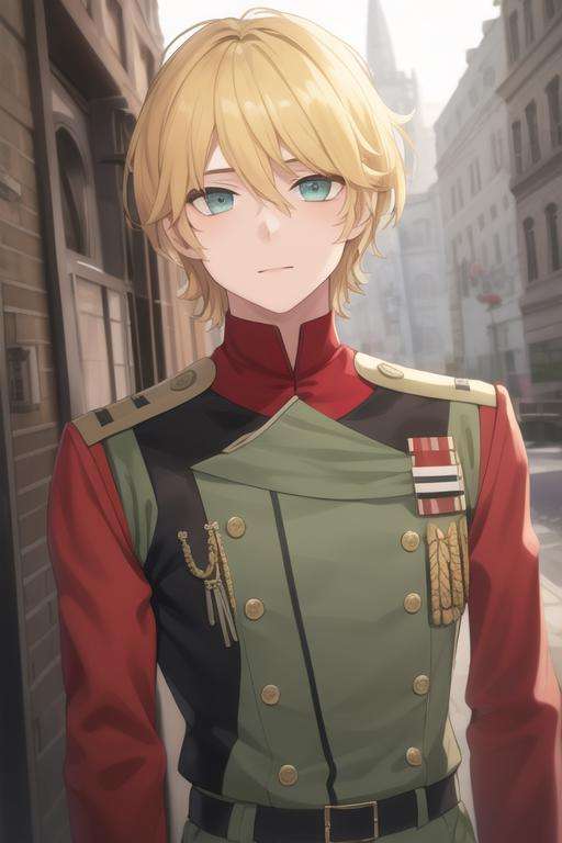 masterpiece, best quality, high quality, 1boy, solo, male focus, looking at viewer, upper body, <lora:nine_alpha:0.70>, nine_alpha, blonde hair, military uniform