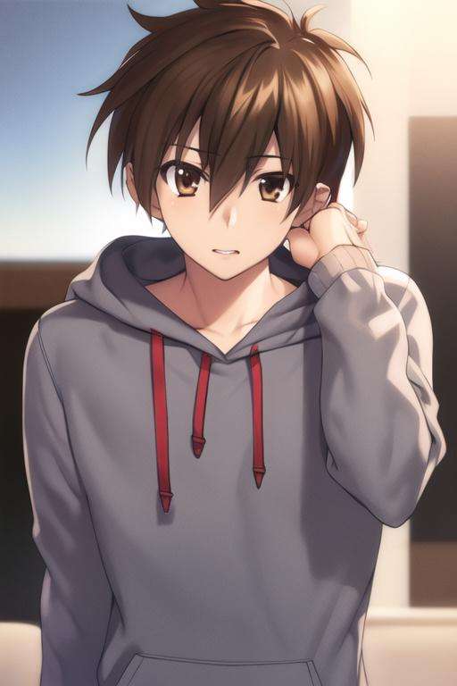 masterpiece, best quality, high quality, 1boy, solo, male focus, looking at viewer, upper body, <lora:issei_hyoudou:0.80>, issei_hyoudou, brown hair, brown eyes, hair between eyes, realistic, hoodie