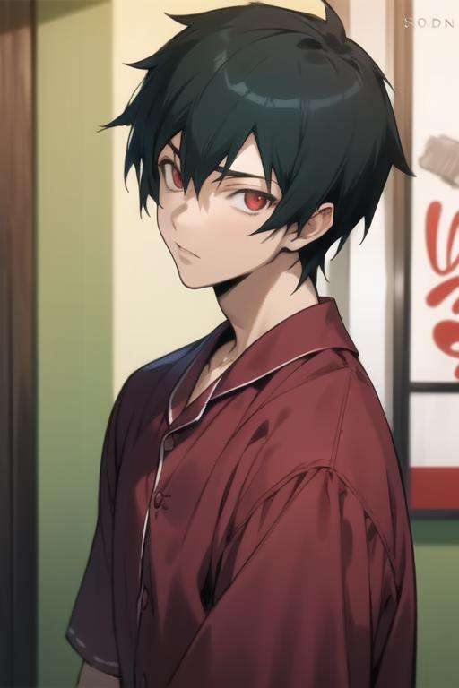 masterpiece, best quality, high quality, 1boy, solo, male focus, looking at viewer, upper body, <lora:sadao_maou:0.68>, sadao_maou, black hair, red eyes, realistic, pajamas,