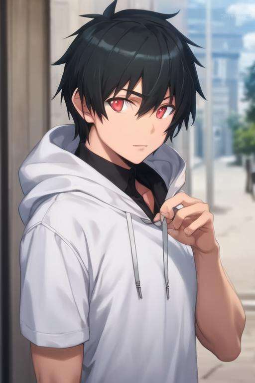 masterpiece, best quality, high quality, 1boy, solo, male focus, looking at viewer, upper body, <lora:sadao_maou:0.82>, sadao_maou, black hair, red eyes, realistic, hoodie