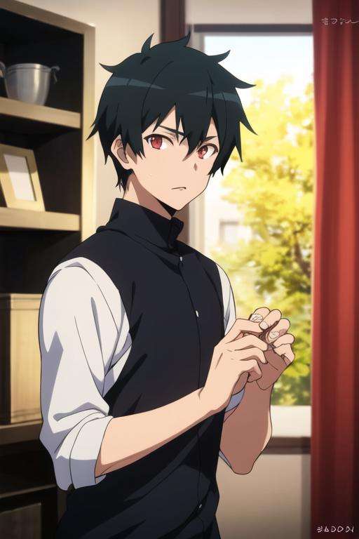 masterpiece, best quality, high quality, 1boy, solo, male focus, looking at viewer, upper body, <lora:sadao_maou:0.52>, sadao_maou, black hair, red eyes, ,