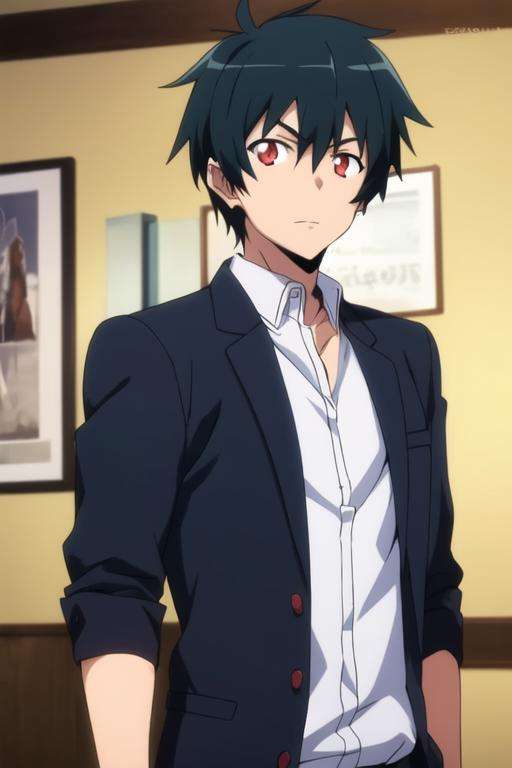 masterpiece, best quality, high quality, 1boy, solo, male focus, looking at viewer, upper body, <lora:sadao_maou:0.80>, sadao_maou, black hair, red eyes, , school uniform