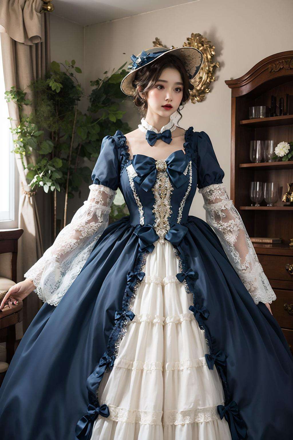 1girl, blue_bow, bow, dress, hat, hat_bow, jewelry, lace, lace-trimmed_dress, lace_trim, solo, long_sleeves, holding, frills, indoors, dark_skin, bowtie, dark-skinned_female, blue_dress, frilled_dress, lolita_fashion, head_out_of_frame, victorian  <lora:vic:0.8>