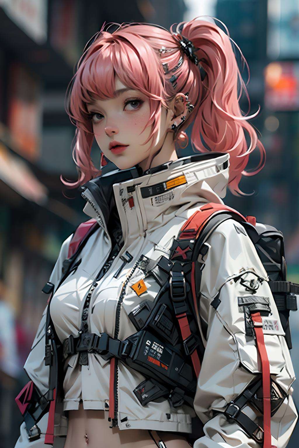 (realistic:1.4),1girl, backpack, bangs, blurry, blurry_background, depth_of_field, earrings, hair_ornament, jewelry, piercing, pink_hair, solo, long_hair, breasts, long_sleeves, navel, closed_mouth, jacket, upper_body, ponytail, midriff, bag, lips, crop_top, grey_eyes, ear_piercing, zipper, freckles, strap, urban techwear, outfit<lora:urbantechwear:1> <lora:A素体机娘:0.3>