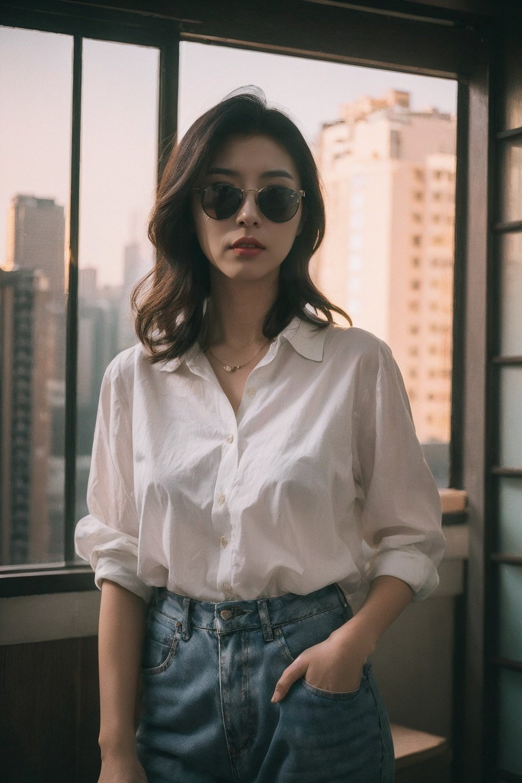 Best Quality,Masterpiece,Ultra High Resolution,(Realisticity:1.4),Original Photo,Cinematic Lighting,1girl,HongKong style,HongKong,<lora:HongKong style v1.0:0.6>,cowboy,sunglasses,