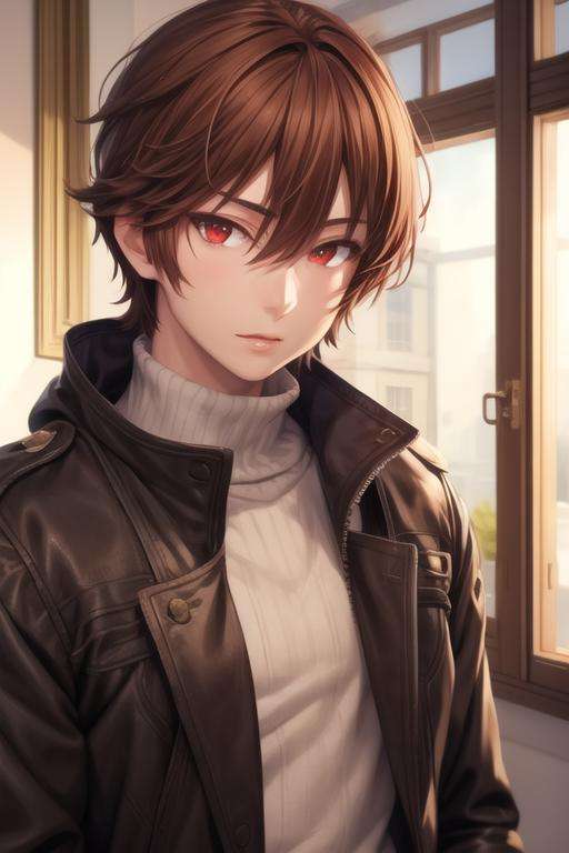 masterpiece, best quality, high quality, 1boy, solo, male focus, looking at viewer, upper body, <lora:keyaru_kaifuku_jutsushi:0.54>, keyaru_kaifuku_jutsushi, brown hair, red eyes, hair between eyes, realistic, coat