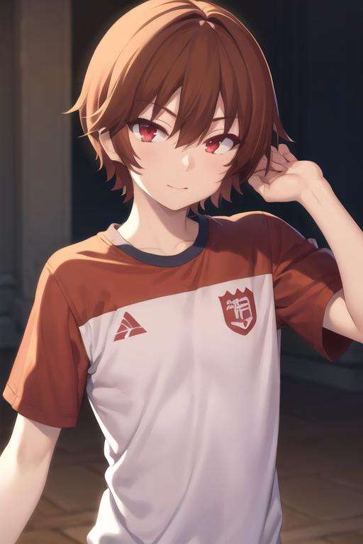 masterpiece, best quality, high quality, 1boy, solo, male focus, looking at viewer, upper body, <lora:keyaru_kaifuku_jutsushi:0.70>, keyaru_kaifuku_jutsushi, brown hair, red eyes, hair between eyes, , sportswear