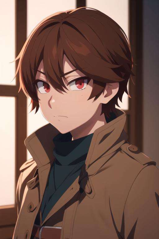 masterpiece, best quality, high quality, 1boy, solo, male focus, looking at viewer, upper body, <lora:keyaru_kaifuku_jutsushi:0.62>, keyaru_kaifuku_jutsushi, brown hair, red eyes, hair between eyes, , coat