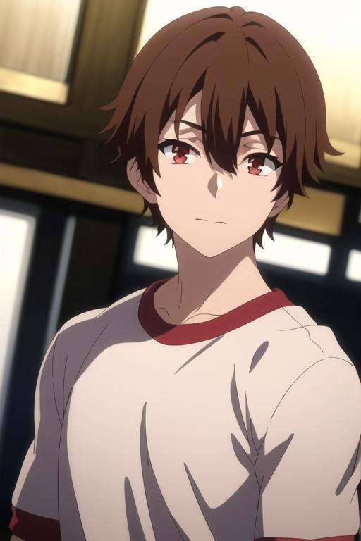 masterpiece, best quality, high quality, 1boy, solo, male focus, looking at viewer, upper body, <lora:keyaru_kaifuku_jutsushi:0.66>, keyaru_kaifuku_jutsushi, brown hair, red eyes, hair between eyes, realistic, gym uniform