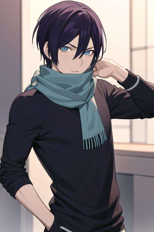 masterpiece, best quality, high quality, <lora:yato:0.70>, yato, 1boy, solo, male focus, upper body, looking at viewer, scarf