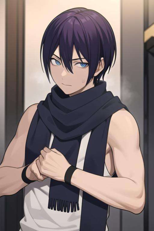 masterpiece, best quality, high quality, <lora:yato:0.70>, yato, 1boy, solo, male focus, upper body, looking at viewer, scarf