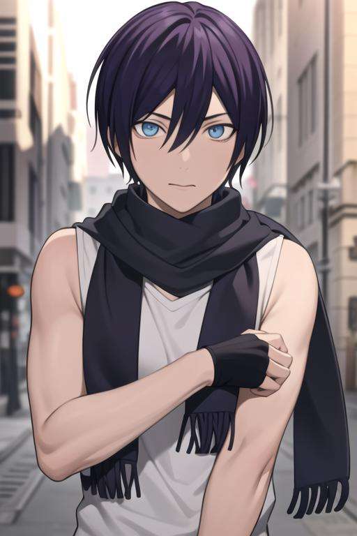 masterpiece, best quality, high quality, <lora:yato:0.70>, yato, 1boy, solo, male focus, upper body, looking at viewer, scarf