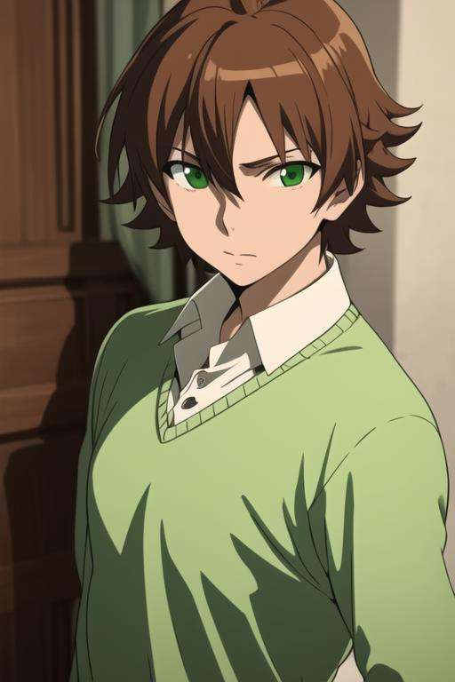 masterpiece, best quality, high quality, 1boy, solo, male focus, looking at viewer, upper body, <lora:tatsumi:0.76>, tatsumi, brown hair, green eyes, sweater <lora:Realism-10:0.20>, Realism