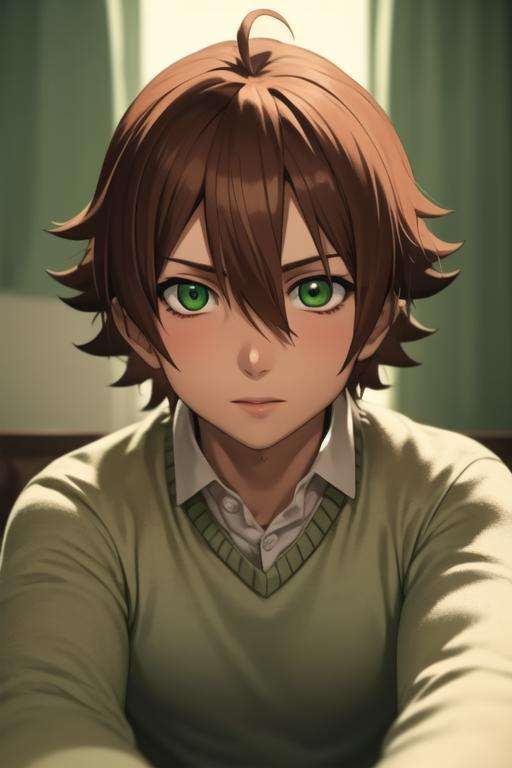 masterpiece, best quality, high quality, 1boy, solo, male focus, looking at viewer, upper body, <lora:tatsumi:0.76>, tatsumi, brown hair, green eyes, sweater <lora:animemix_v3_offset:0.45>