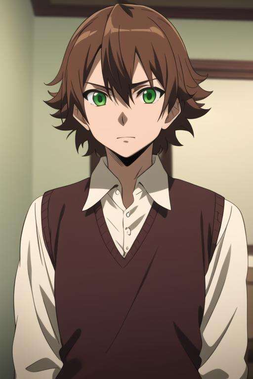 masterpiece, best quality, high quality, 1boy, solo, male focus, looking at viewer, upper body, <lora:tatsumi:0.76>, tatsumi, brown hair, green eyes, <lora:animemix_v3_offset:0.40>