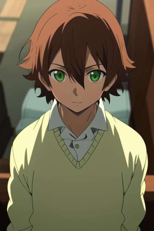 masterpiece, best quality, high quality, 1boy, solo, male focus, looking at viewer, upper body, <lora:tatsumi:0.80>, tatsumi, brown hair, green eyes, sweater <lora:animemix_v3_offset:0.65>