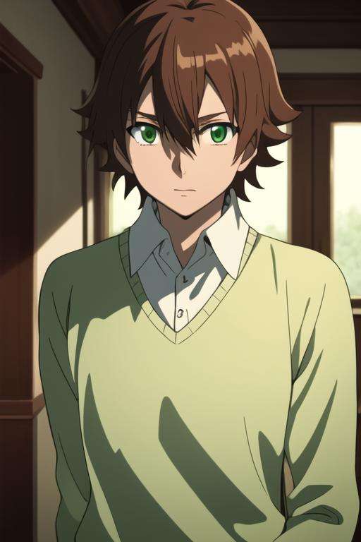 masterpiece, best quality, high quality, 1boy, solo, male focus, looking at viewer, upper body, <lora:tatsumi:0.78>, tatsumi, brown hair, green eyes, sweater <lora:animemix_v3_offset:0.55>