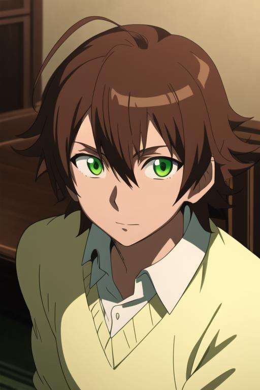 masterpiece, best quality, high quality, 1boy, solo, male focus, looking at viewer, upper body, <lora:tatsumi:0.82>, tatsumi, brown hair, green eyes, sweater <lora:animemix_v3_offset:0.70>