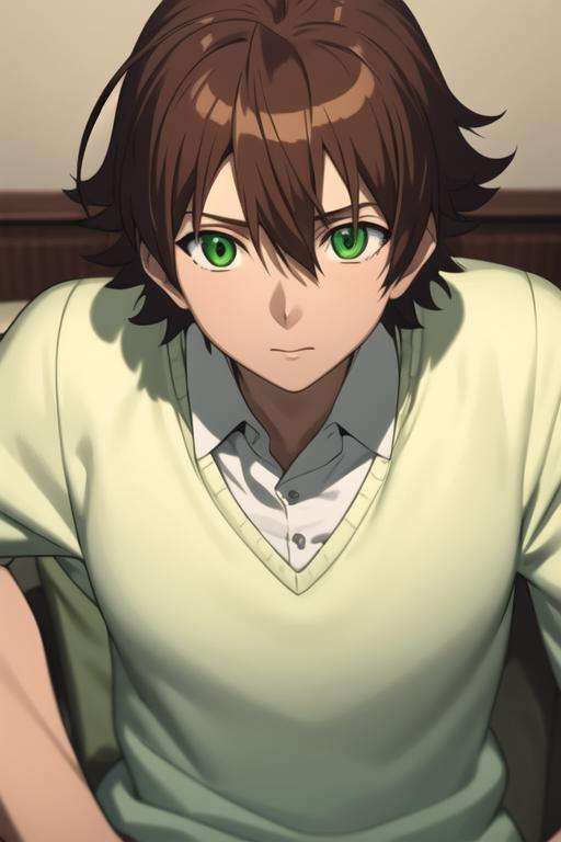 masterpiece, best quality, high quality, 1boy, solo, male focus, looking at viewer, upper body, <lora:tatsumi:0.82>, tatsumi, brown hair, green eyes, sweater <lora:Realism-10:0.30>, Realism