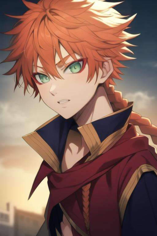 masterpiece, best quality, high quality, 1boy, solo, male focus, looking at viewer, upper body, <lora:leopold_vermillion:0.72>, leopold_vermillion, green eyes, orange hair, braid,