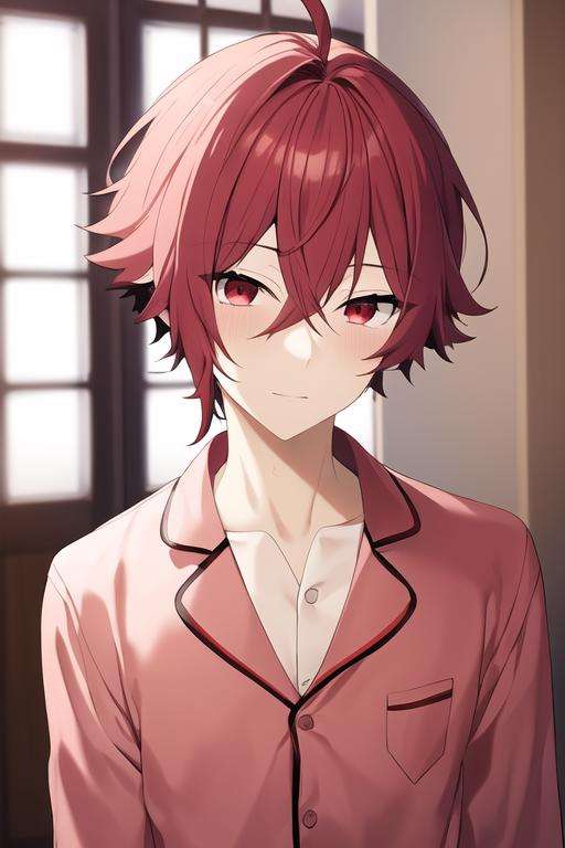 masterpiece, best quality, high quality, 1boy, solo, male focus, looking at viewer, upper body, <lora:akane_yanagi:0.52>, akane_yanagi, red hair, red eyes, hair between eyes, ahoge, , pajamas