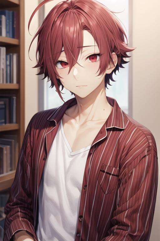 masterpiece, best quality, high quality, 1boy, solo, male focus, looking at viewer, upper body, <lora:akane_yanagi:0.60>, akane_yanagi, red hair, red eyes, hair between eyes, ahoge, , pajamas