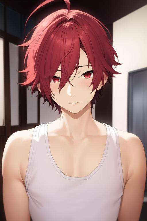 masterpiece, best quality, high quality, 1boy, solo, male focus, looking at viewer, upper body, <lora:akane_yanagi:0.66>, akane_yanagi, red hair, red eyes, hair between eyes, ahoge, realistic, tank top