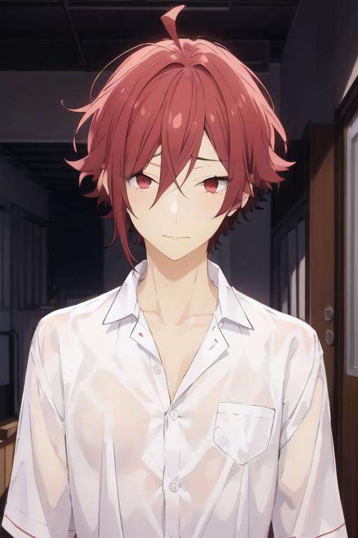 masterpiece, best quality, high quality, 1boy, solo, male focus, looking at viewer, upper body, <lora:akane_yanagi:0.74>, akane_yanagi, red hair, red eyes, hair between eyes, ahoge, , pajamas