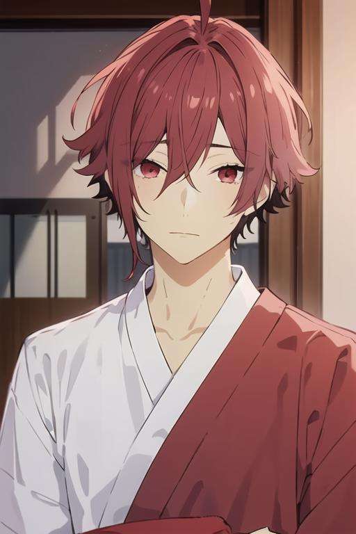 masterpiece, best quality, high quality, 1boy, solo, male focus, looking at viewer, upper body, <lora:akane_yanagi:0.72>, akane_yanagi, red hair, red eyes, hair between eyes, ahoge, , yukata