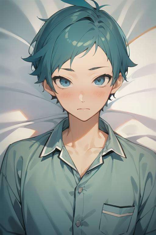 masterpiece, best quality, high quality, 1boy, solo, male focus, looking at viewer, upper body, <lora:makio_tanihara:0.58>, makio_tanihara, blue hair, blue eyes, aqua hair, , pajamas