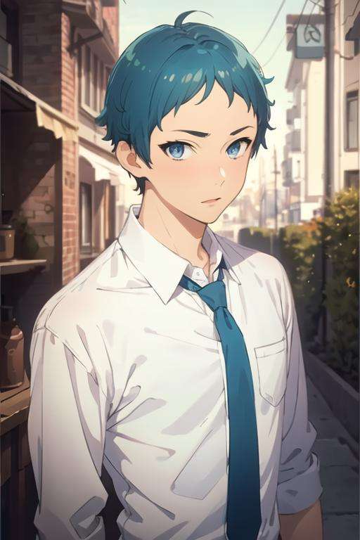 masterpiece, best quality, high quality, 1boy, solo, male focus, looking at viewer, upper body, <lora:makio_tanihara:0.62>, makio_tanihara, blue hair, blue eyes, realistic, formal, necktie, dress shirt