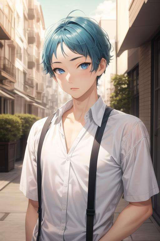 masterpiece, best quality, high quality, 1boy, solo, male focus, looking at viewer, upper body, <lora:makio_tanihara:0.58>, makio_tanihara, blue hair, blue eyes, ,