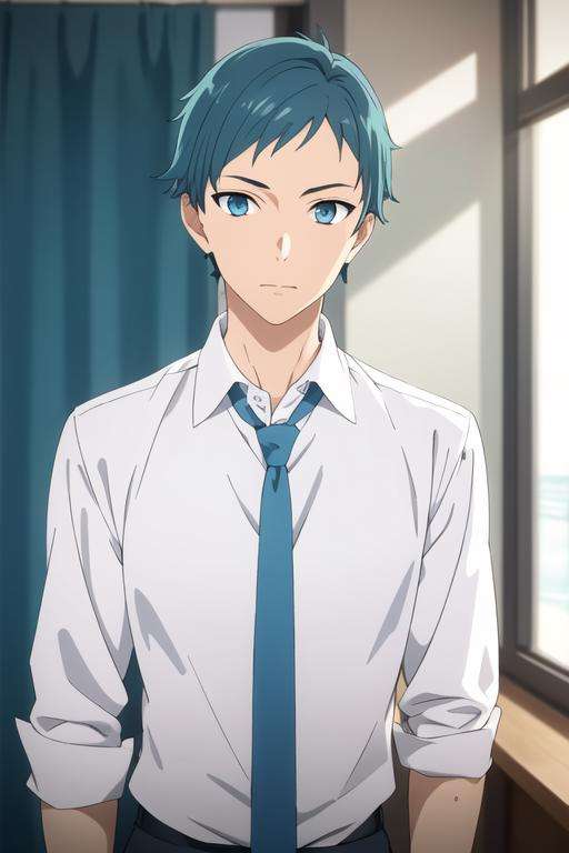 masterpiece, best quality, high quality, 1boy, solo, male focus, looking at viewer, upper body, <lora:makio_tanihara:0.52>, makio_tanihara, blue hair, blue eyes, aqua hair, realistic, formal, necktie, dress shirt