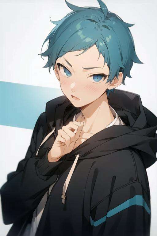 masterpiece, best quality, high quality, 1boy, solo, male focus, looking at viewer, upper body, <lora:makio_tanihara:0.62>, makio_tanihara, blue hair, blue eyes, , hoodie