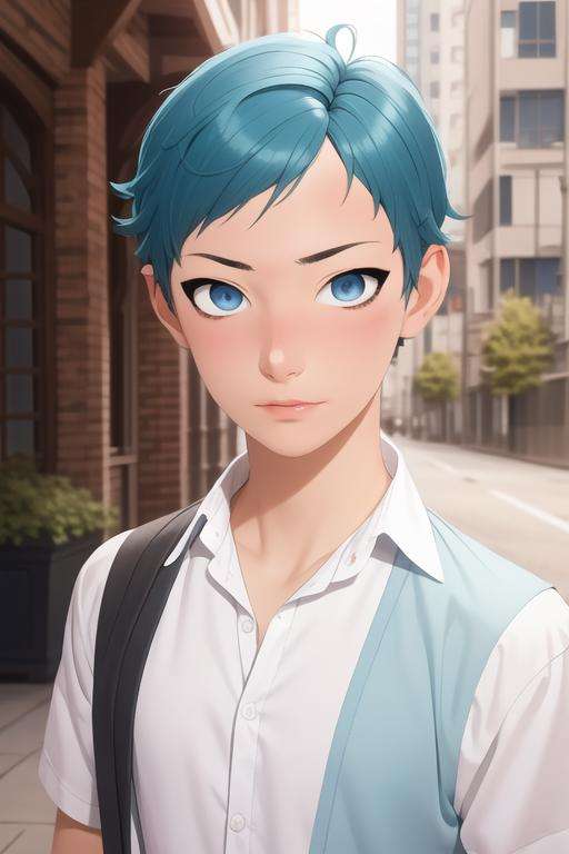 masterpiece, best quality, high quality, 1boy, solo, male focus, looking at viewer, upper body, <lora:makio_tanihara:0.84>, makio_tanihara, blue hair, blue eyes, realistic,