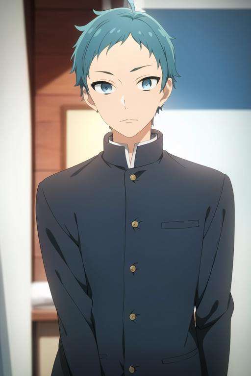 masterpiece, best quality, high quality, 1boy, solo, male focus, looking at viewer, upper body, <lora:makio_tanihara:0.68>, makio_tanihara, blue hair, blue eyes, aqua hair, , gakuran