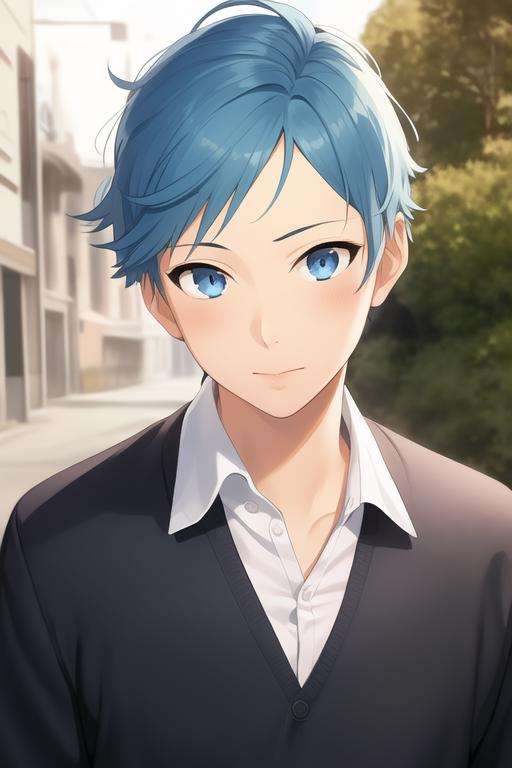 masterpiece, best quality, high quality, 1boy, solo, male focus, looking at viewer, upper body, <lora:makio_tanihara:0.58>, makio_tanihara, blue hair, blue eyes, realistic, school uniform