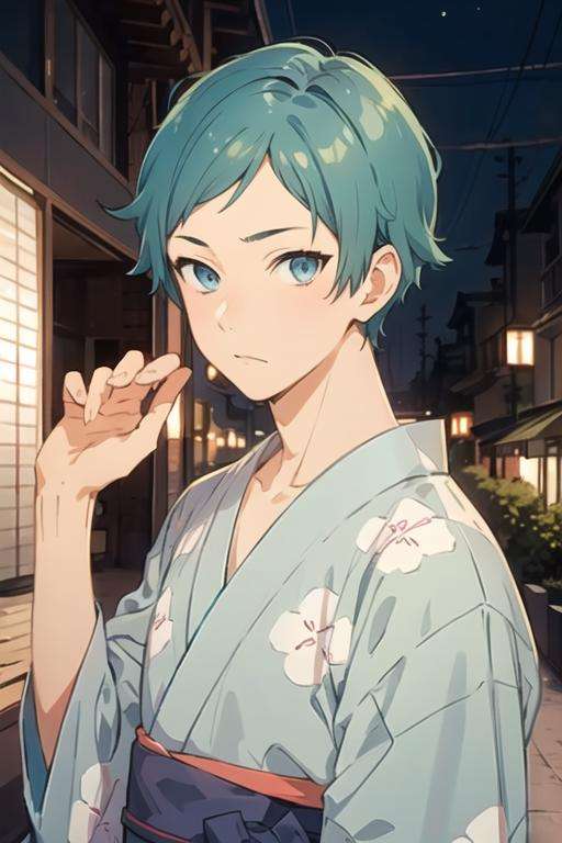 masterpiece, best quality, high quality, 1boy, solo, male focus, looking at viewer, upper body, <lora:makio_tanihara:0.54>, makio_tanihara, blue hair, blue eyes, aqua hair, , yukata