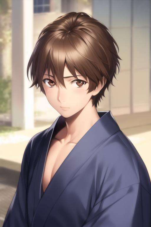 masterpiece, best quality, high quality, 1boy, solo, male focus, looking at viewer, upper body, <lora:shuu_ouma:0.76>, shuu_ouma, brown hair, brown eyes, realistic, yukata