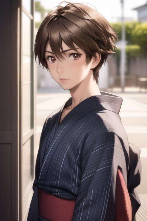 masterpiece, best quality, high quality, 1boy, solo, male focus, looking at viewer, upper body, <lora:shuu_ouma:0.78>, shuu_ouma, brown hair, brown eyes, realistic, yukata