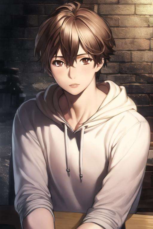 masterpiece, best quality, high quality, 1boy, solo, male focus, looking at viewer, upper body, <lora:shuu_ouma:0.74>, shuu_ouma, brown hair, brown eyes, realistic, hoodie