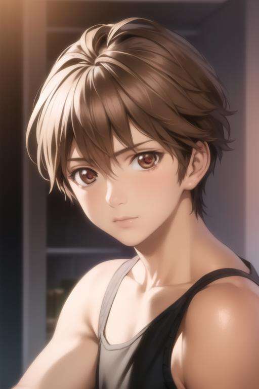 masterpiece, best quality, high quality, 1boy, solo, male focus, looking at viewer, upper body, <lora:shuu_ouma:0.82>, shuu_ouma, brown hair, brown eyes, realistic, tank top