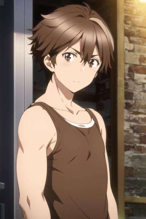 masterpiece, best quality, high quality, 1boy, solo, male focus, looking at viewer, upper body, <lora:shuu_ouma:0.78>, shuu_ouma, brown hair, brown eyes, , tank top