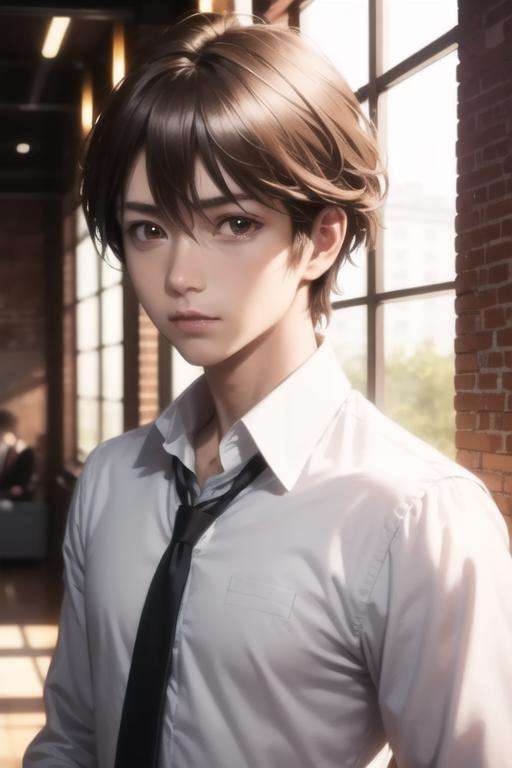 masterpiece, best quality, high quality, 1boy, solo, male focus, looking at viewer, upper body, <lora:shuu_ouma:0.74>, shuu_ouma, brown hair, brown eyes, , formal, necktie, dress shirt